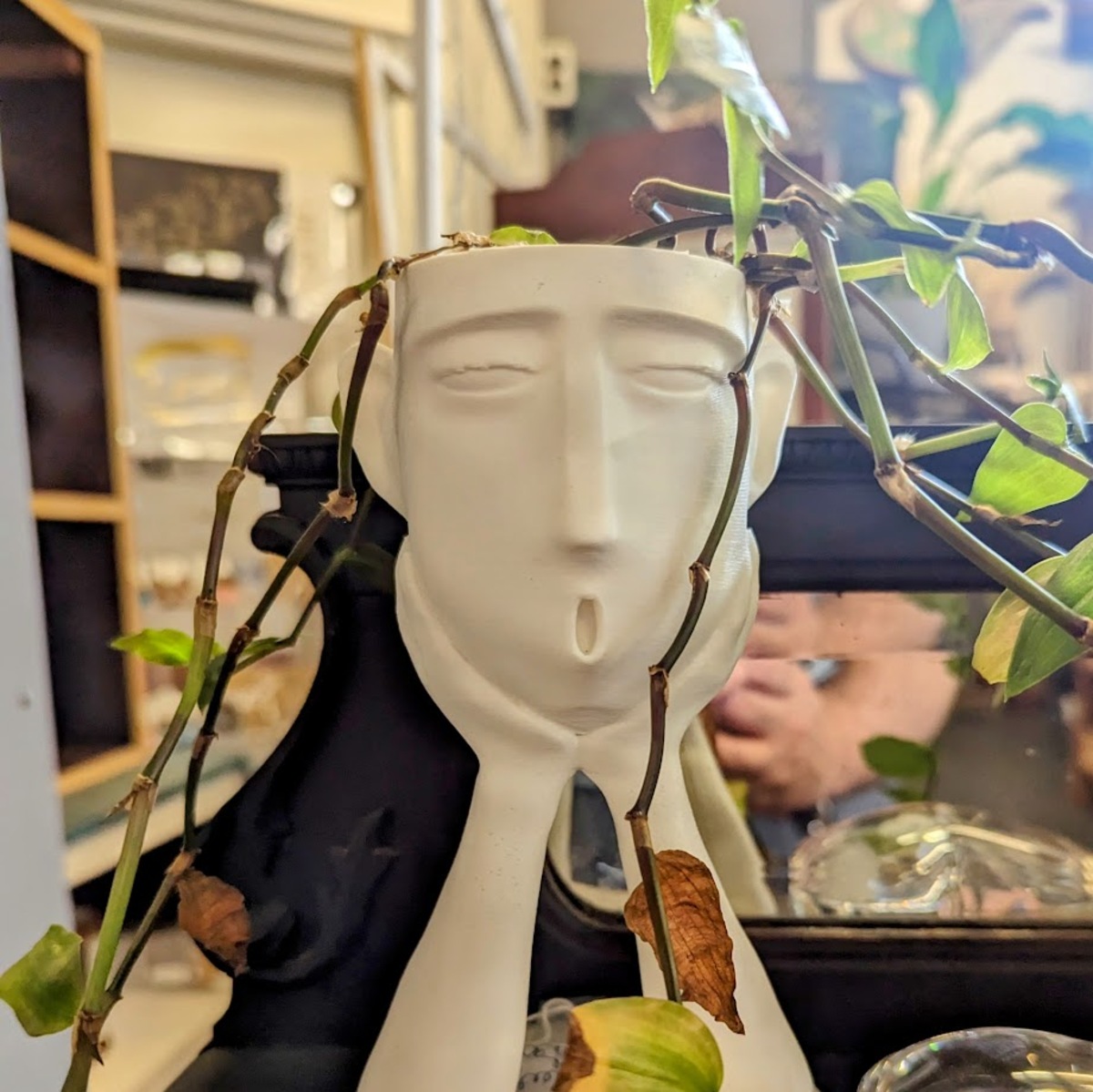 A white porcelain vase in the shape of a thin human face proped up on arms, its mouth puckered. A tiny plant and its tendrals hang down resebling bangs.