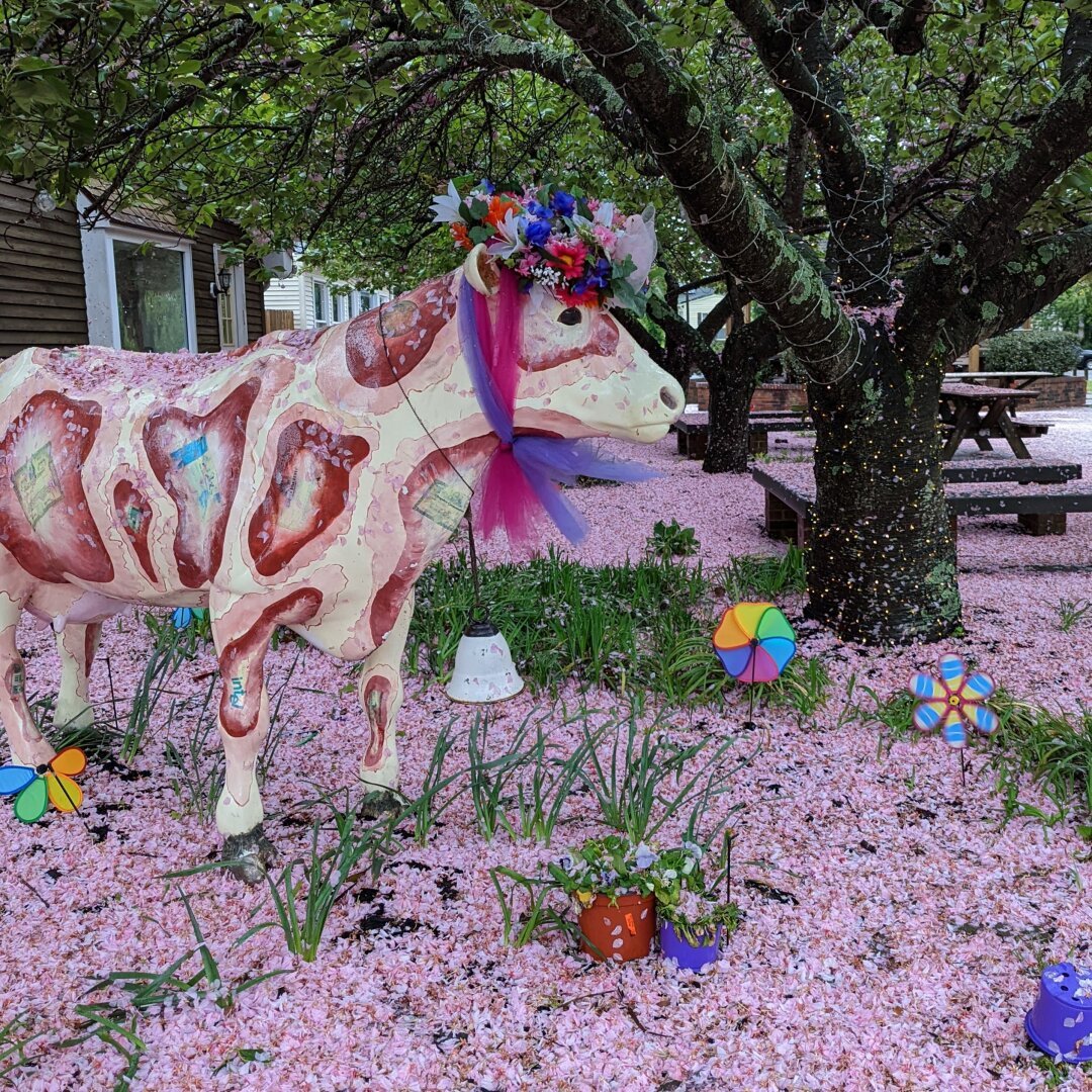 A statue of a cow wearing a flower headpiece surrounded by millions of pink flower pedals on the ground