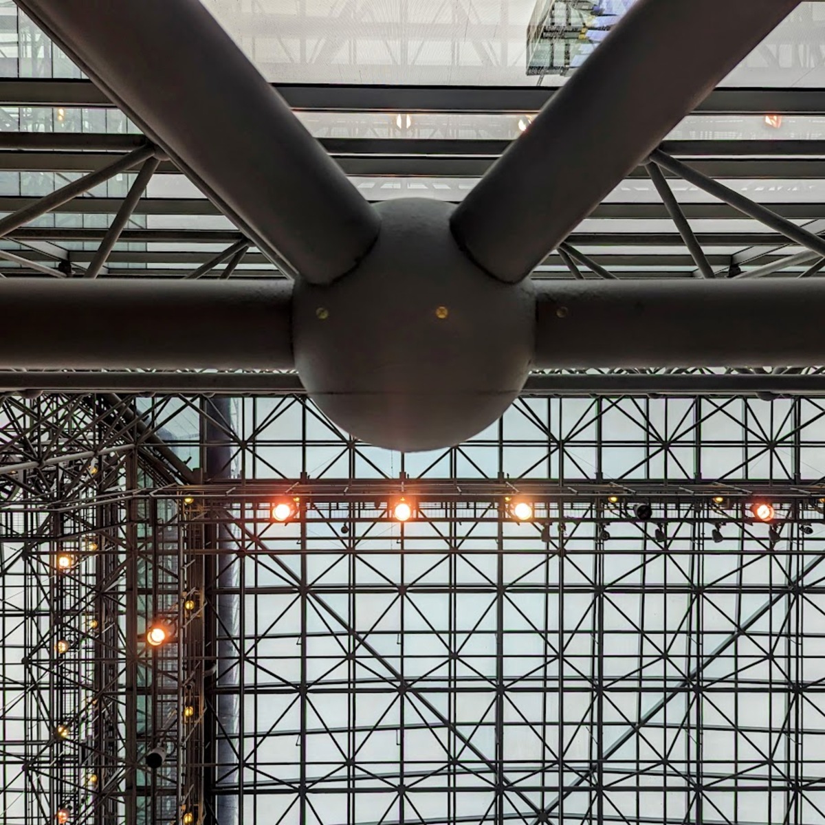 Steel beams, lights, and walkways in the Javitz Center in NYC.