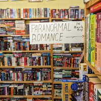 Hundres of books with a sign in the foreground that points to 'paranormal romance'