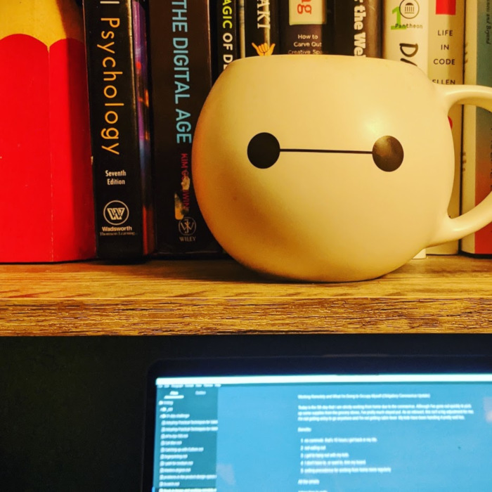 Bookshelf with a mug and a computer on it