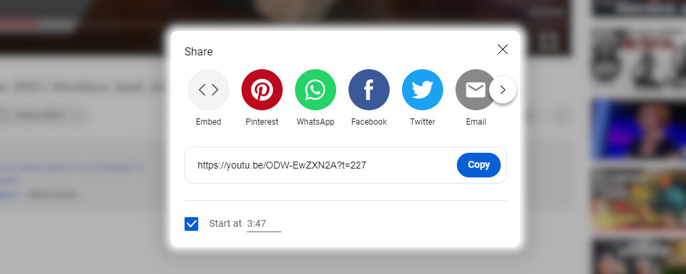 Youtube's Sharing modal showing icons for sharing to multiple networks including twitter, embedding, or email. It also shows the url value, an option for starting the video at specific time and copying the url to the clipboard
